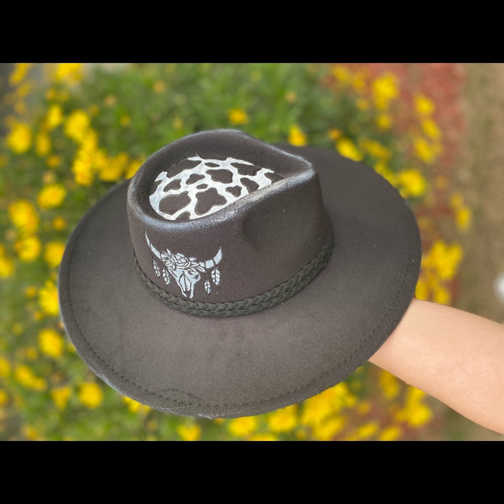 Hat, hand burned and painted design , Black, New